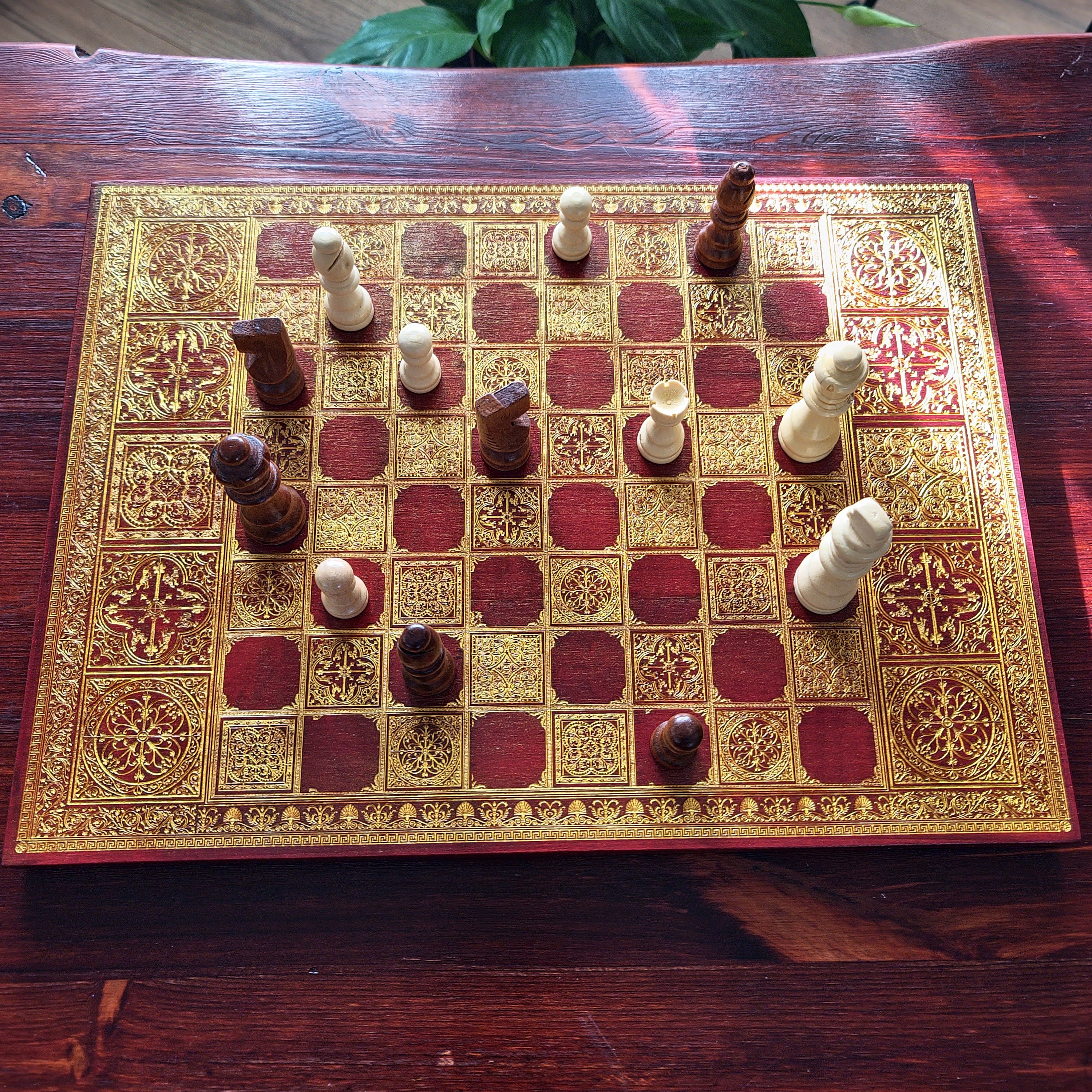 Spanish Tiles Chess Board - Red Walnut & Gold - A3 Large Size