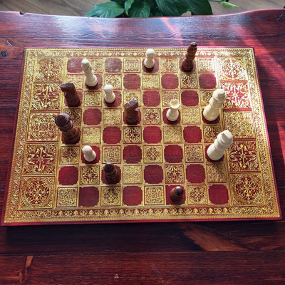 Spanish Tiles Chess Board - Red Walnut & Gold - A3 Large Size