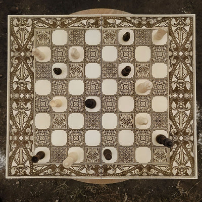 Spanish Tiles Chess Board - White & Brown - Tournament Size – gothic art, engraved wood, dark fantasy, skeleton design, artisan crafted