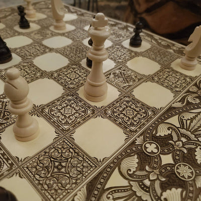 Spanish Tiles Chess Board - White & Brown - Tournament Size – gothic art, engraved wood, dark fantasy, skeleton design, artisan crafted