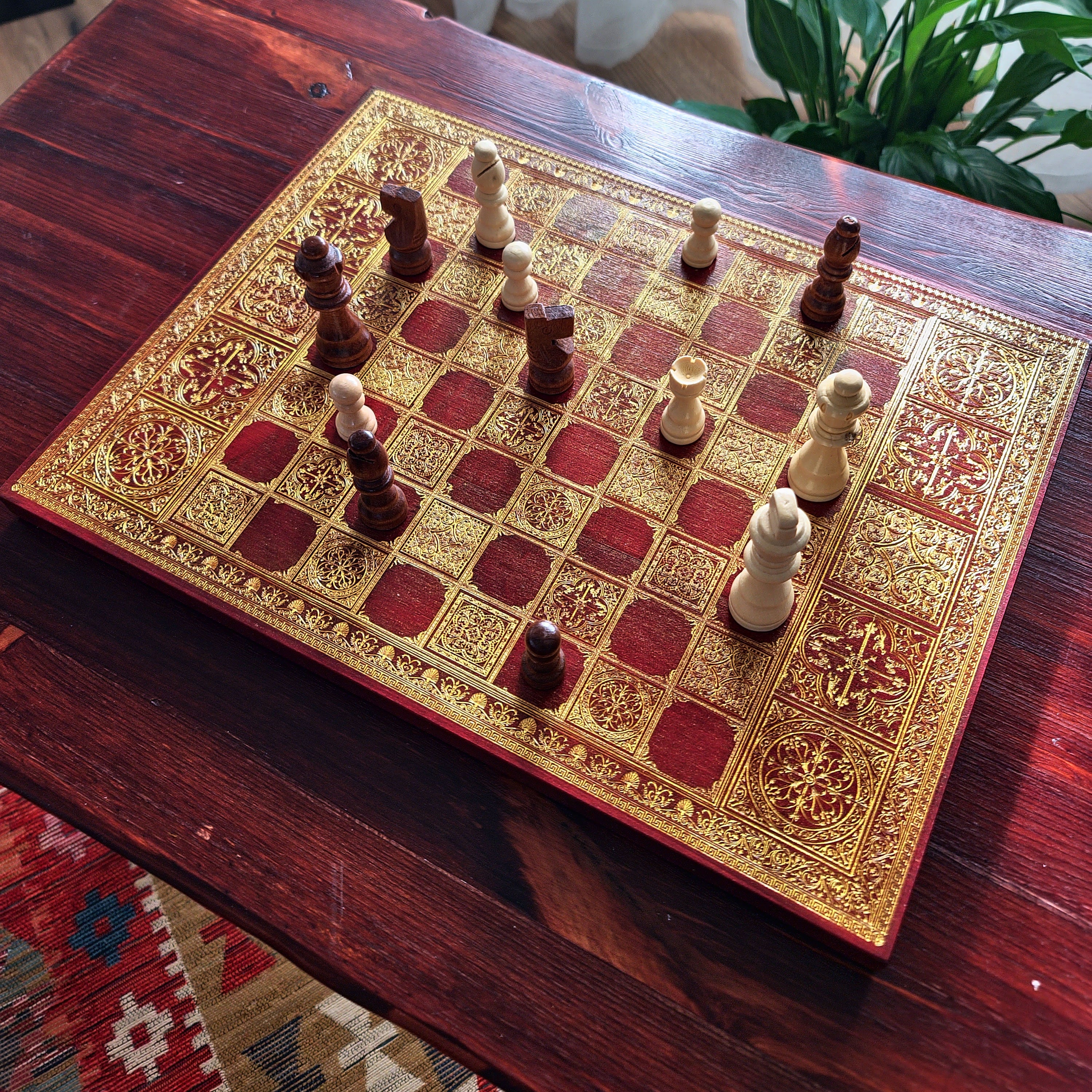 Spanish Tiles Chess Board - Red Walnut & Gold - A3 Large Size