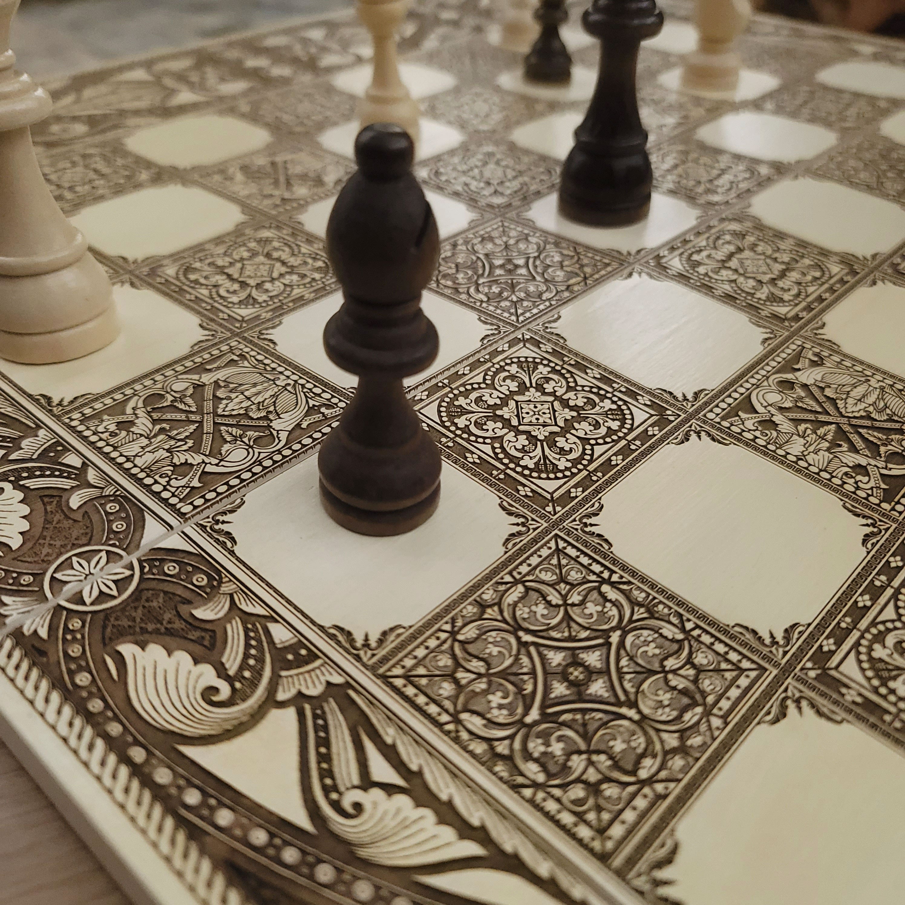 Spanish Tiles Chess Board - White & Brown - Tournament Size