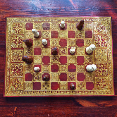 Spanish Tiles Chess Board - Red Walnut & Gold - A3 Large Size
