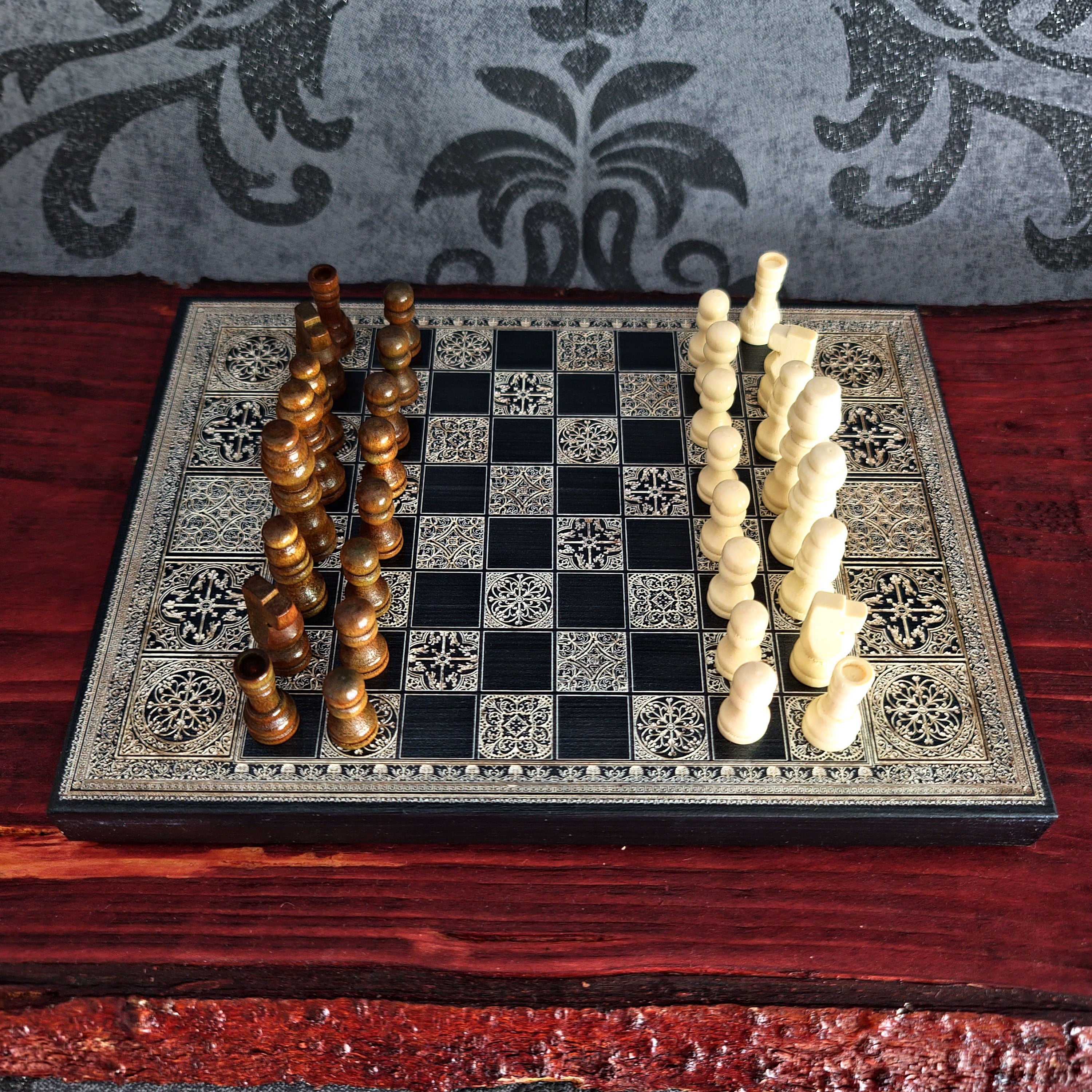 Personalized mini chessboard with custom engraved message on the back.