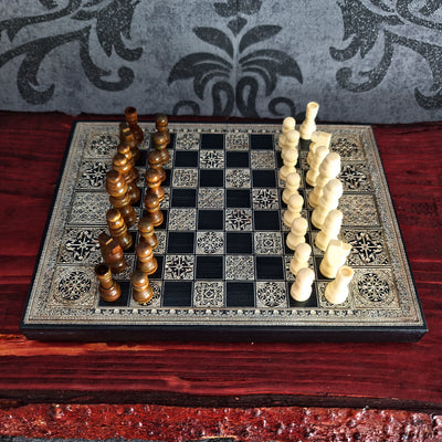 Personalized mini chessboard with custom engraved message on the back.