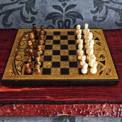 Black & Gold Mini Chess Board Wood - A5 Size