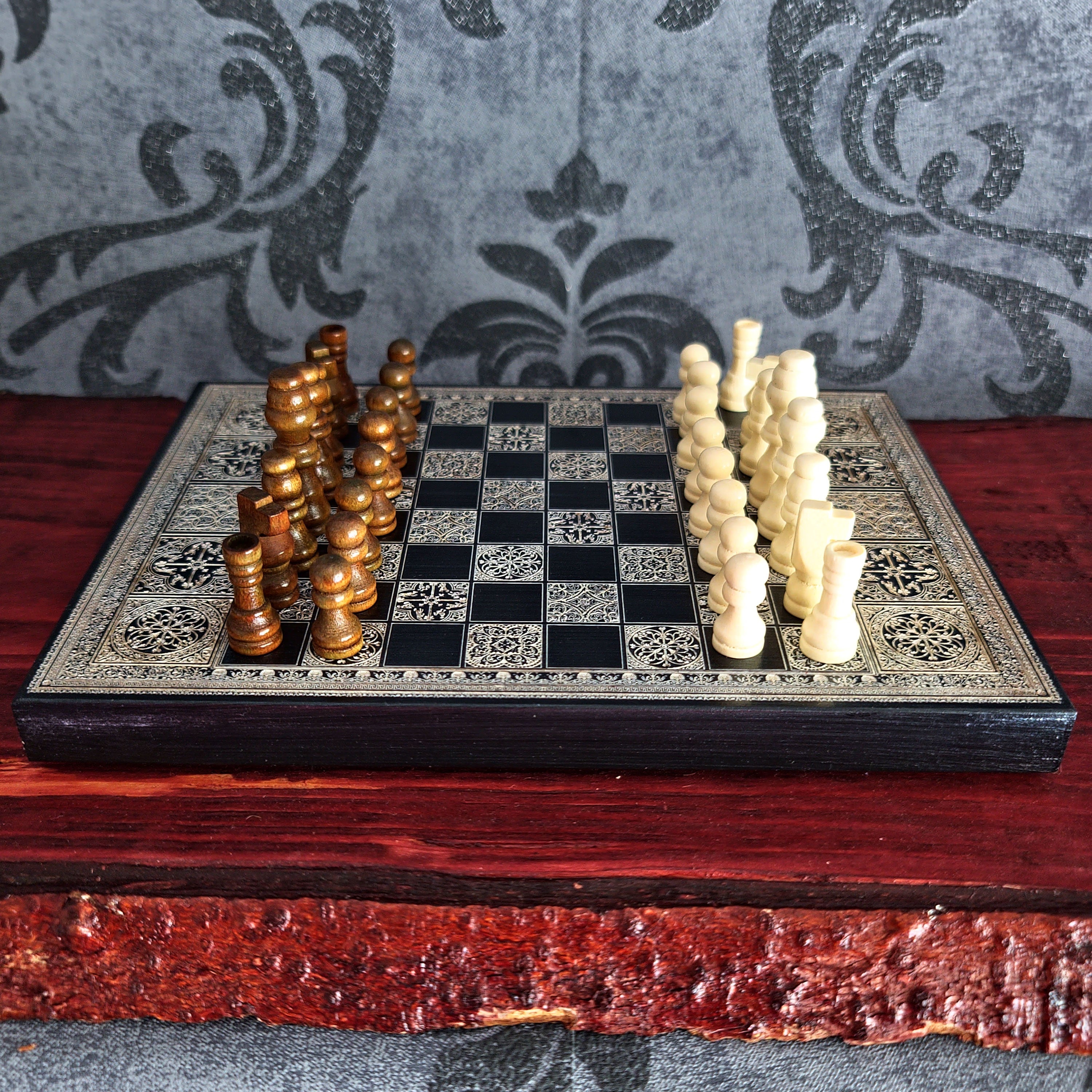 Personalized mini chessboard with custom engraved message on the back.