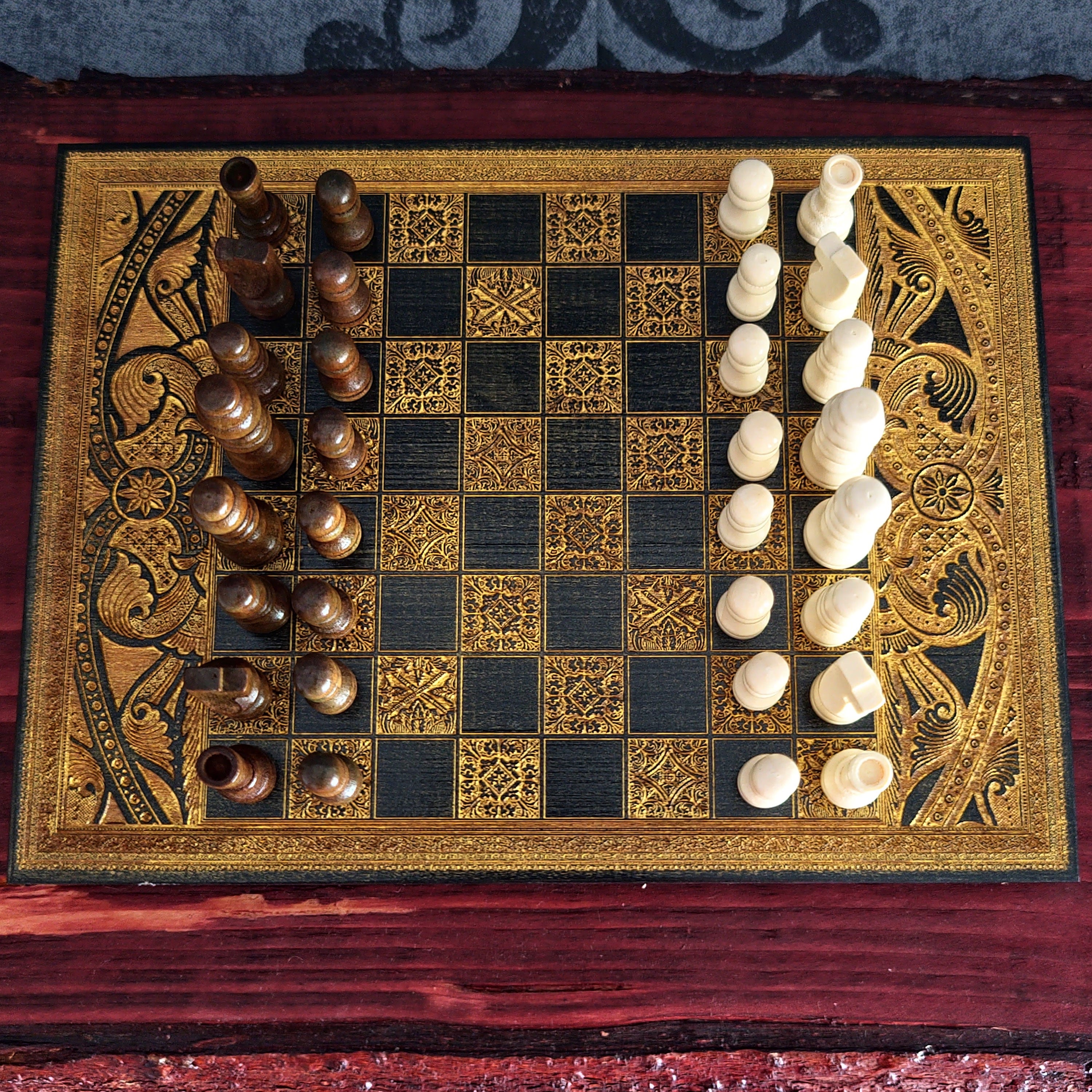 Black & Gold Mini Chess Board Wood - A5 Size