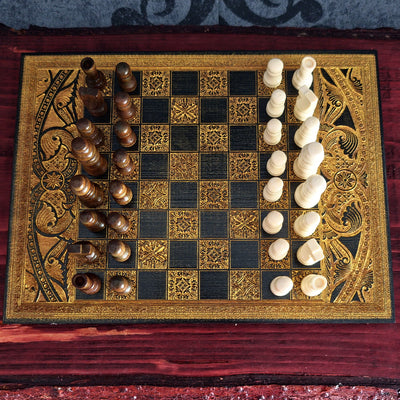 Black & Gold Mini Chess Board Wood - A5 Size