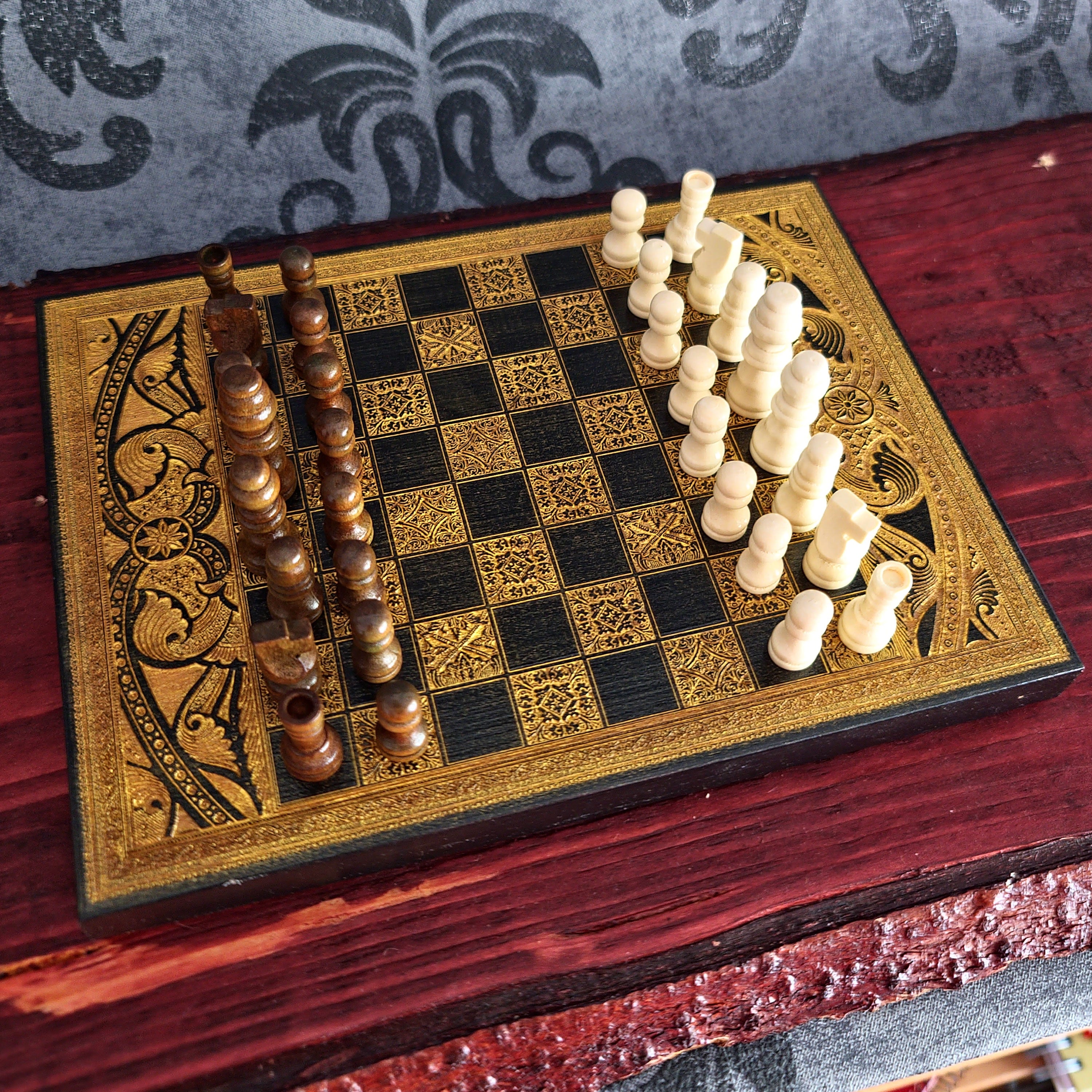 Black & Gold Mini Chess Board Wood - A5 Size