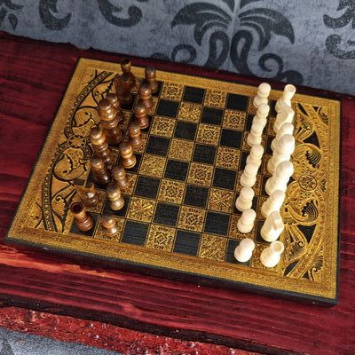 Black & Gold Mini Chess Board Wood - A5 Size