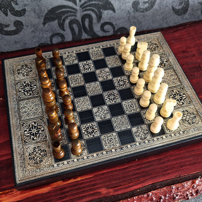 Black & Silver Mini Chess Board Wood - A5 Size