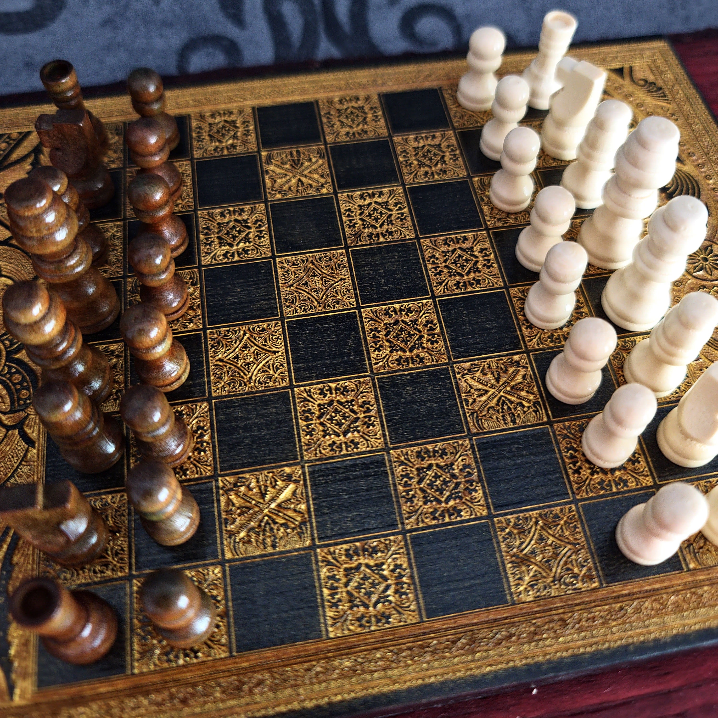 Black & Gold Mini Chess Board Wood - A5 Size