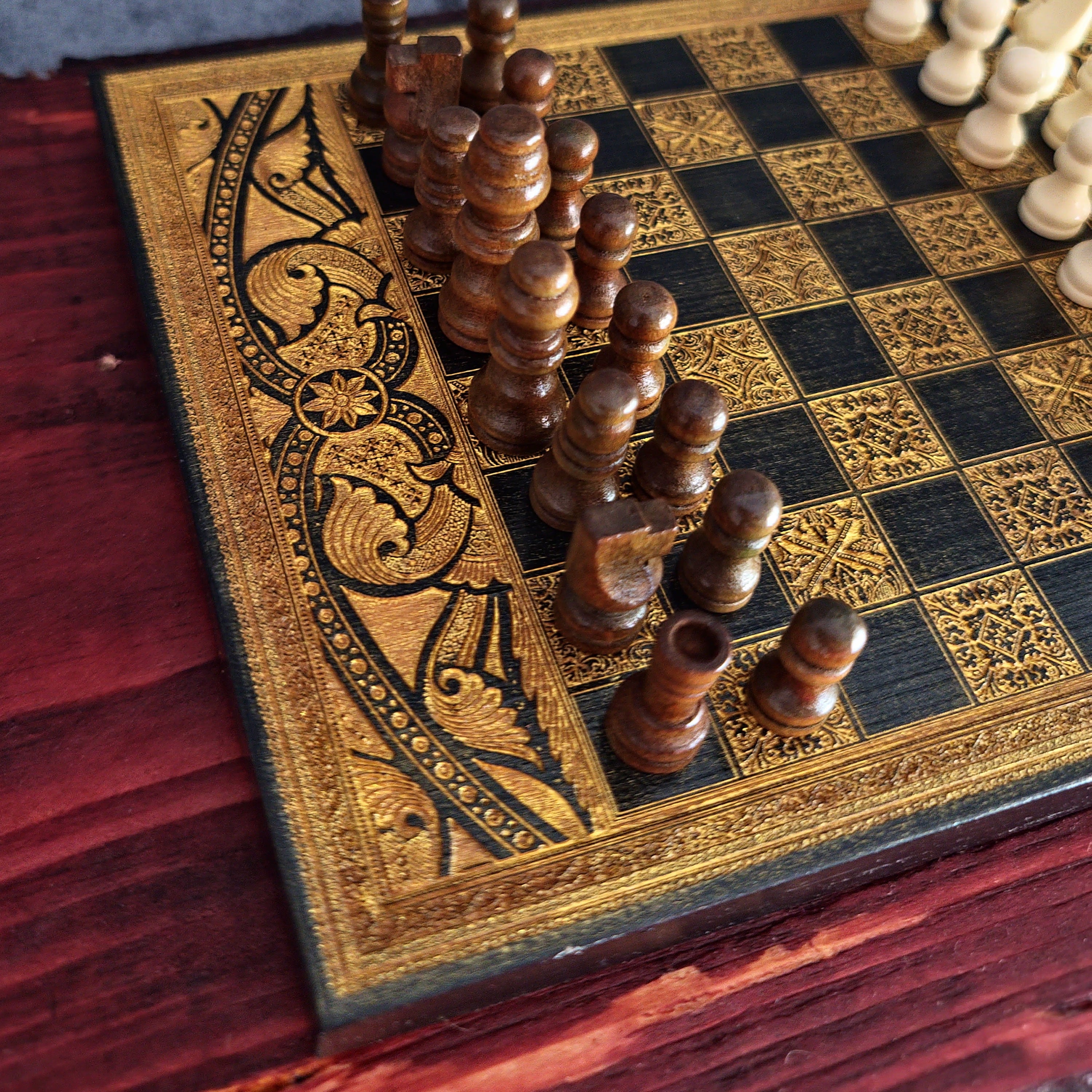Black & Gold Mini Chess Board Wood - A5 Size