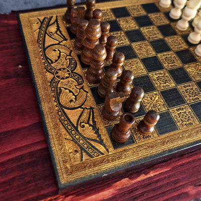 Black & Gold Mini Chess Board Wood - A5 Size
