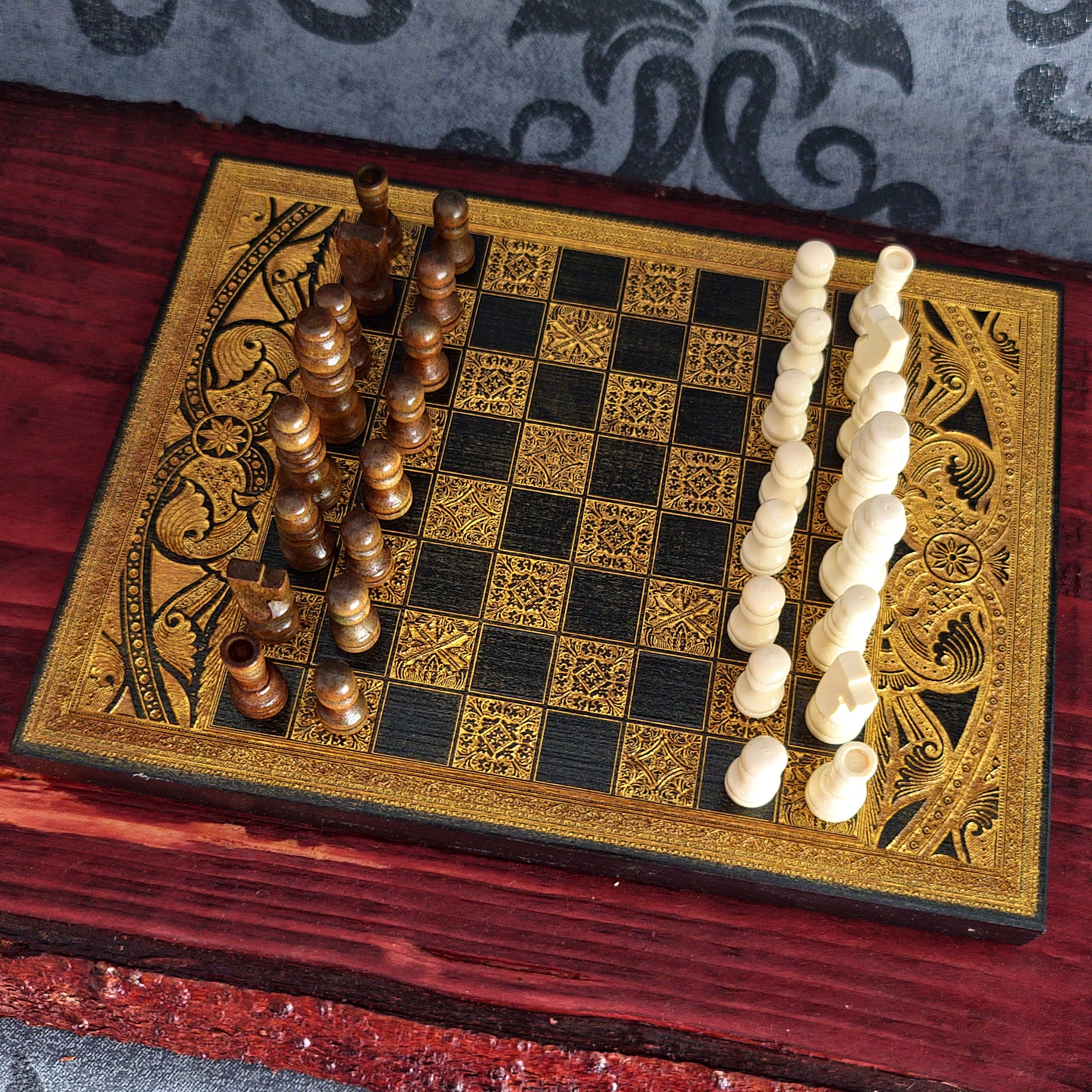 Black & Gold Mini Chess Board Wood - A5 Size