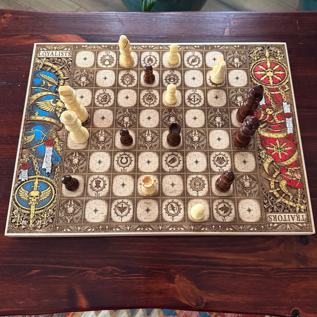 Warhammer Horus Heresy chessboard featuring Imperium and Chaos symbols with red and blue faction borders