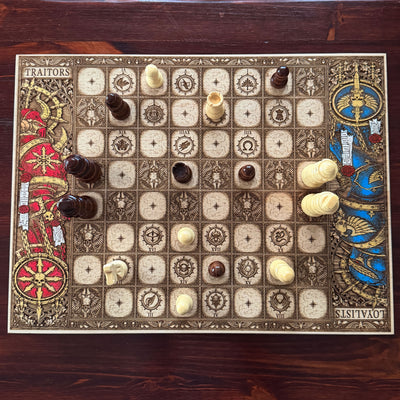Warhammer 40K Loyalists versus Traitors wooden chess set with detailed laser engraved faction symbols