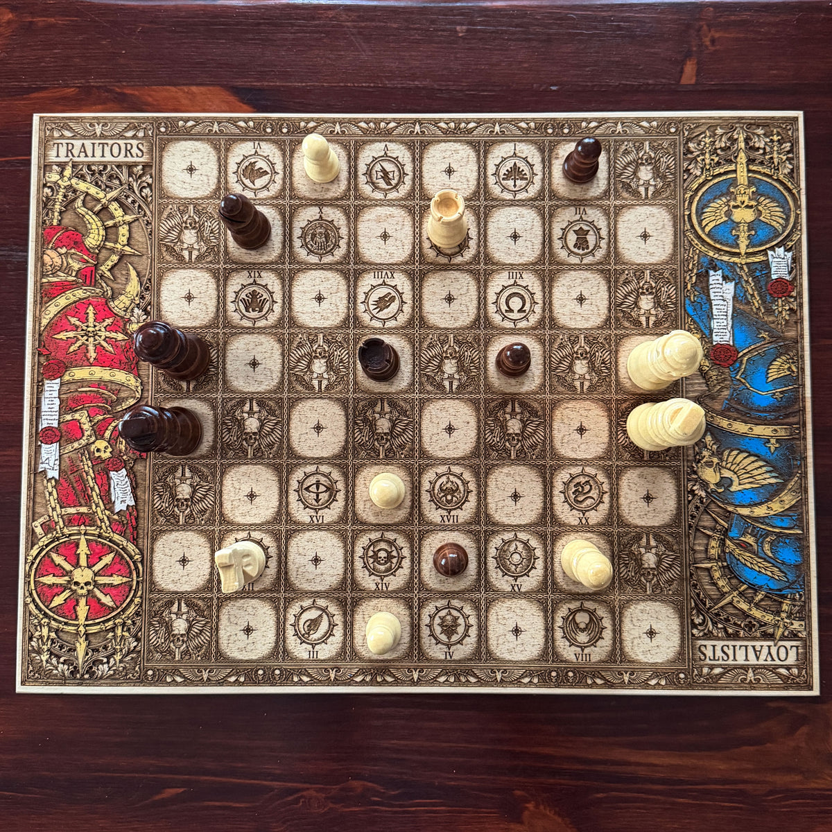 Warhammer 40K Loyalists versus Traitors wooden chess set with detailed laser engraved faction symbols