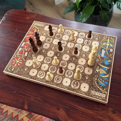 Horus Heresy wooden chessboard with Chaos and Imperium artwork, skull symbols and hand painted details
