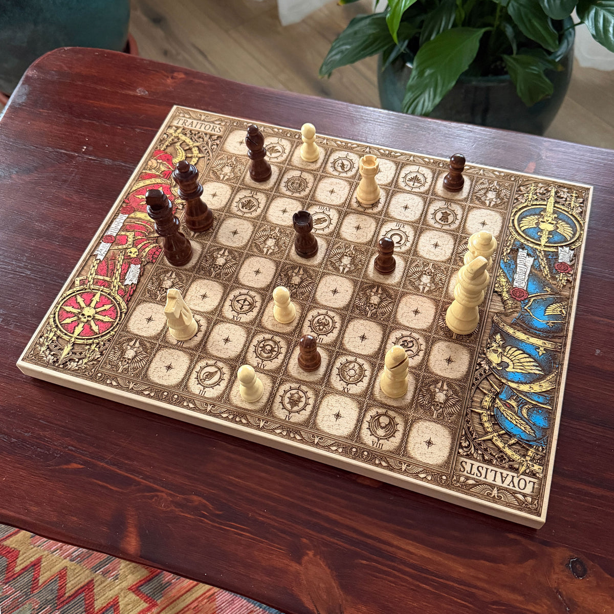 Horus Heresy wooden chessboard with Chaos and Imperium artwork, skull symbols and hand painted details