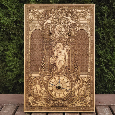Handmade gothic-style cedar wood clock, laser-engraved & hand-painted. Unique wedding & anniversary gift for gothic art and home décor lovers.