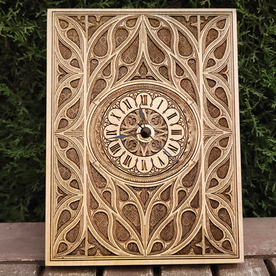 Handmade wooden artwork 'Gothic Window Real Time Clock Mini' – wood gift for 5 year anniversary, wedding present, gift for him or her, romantic handcrafted decor