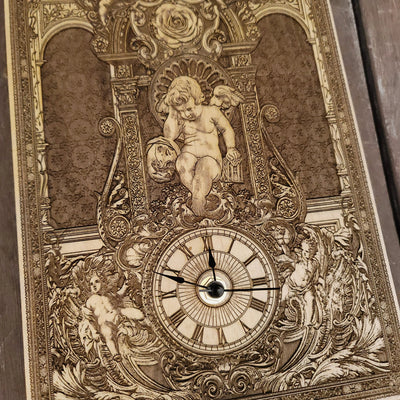 Handmade gothic-style cedar wood clock, laser-engraved & hand-painted. Unique wedding & anniversary gift for gothic art and home décor lovers.