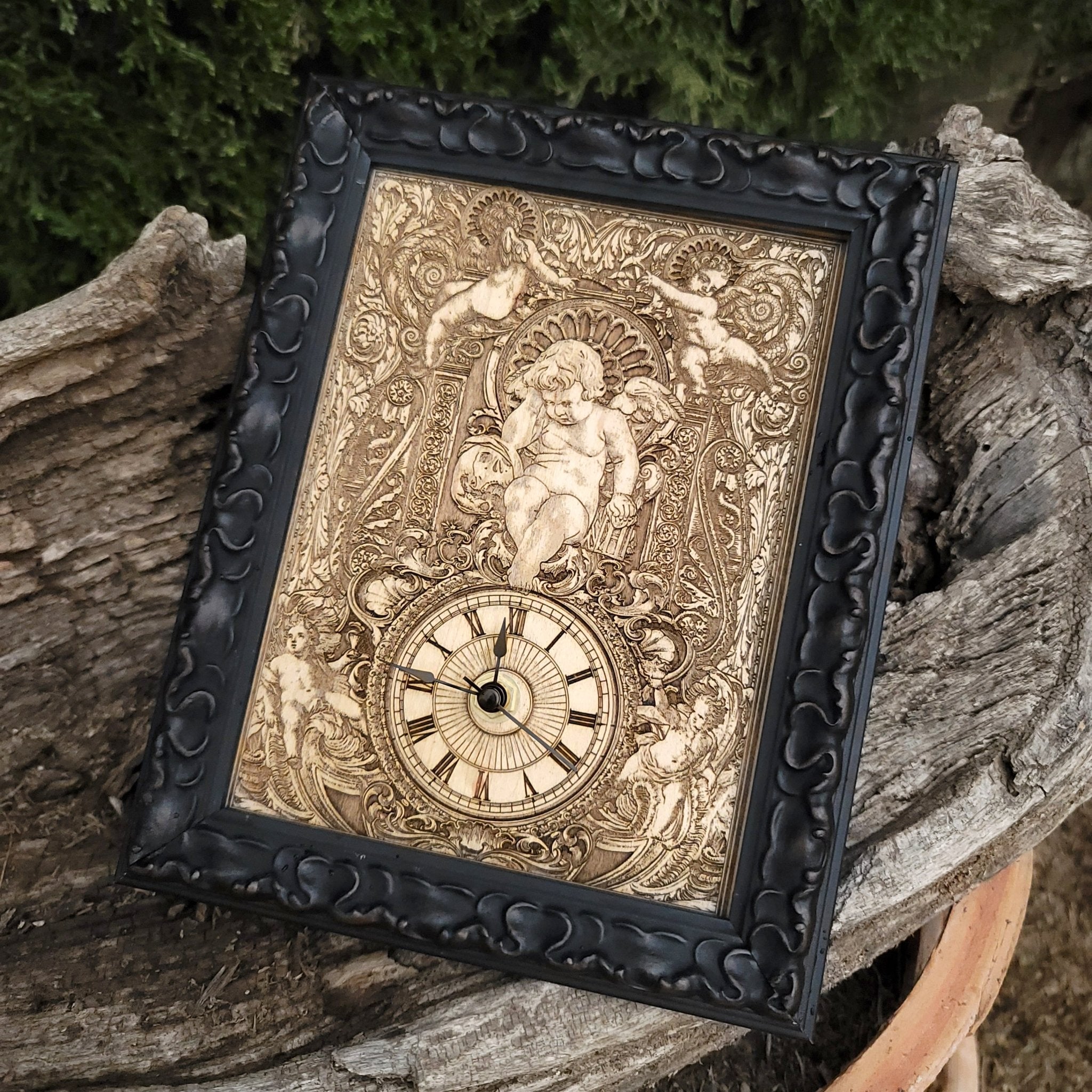Handmade gothic mini cedar wood clock, laser-engraved & hand-painted. Unique anniversary & wedding gift for gothic décor lovers.