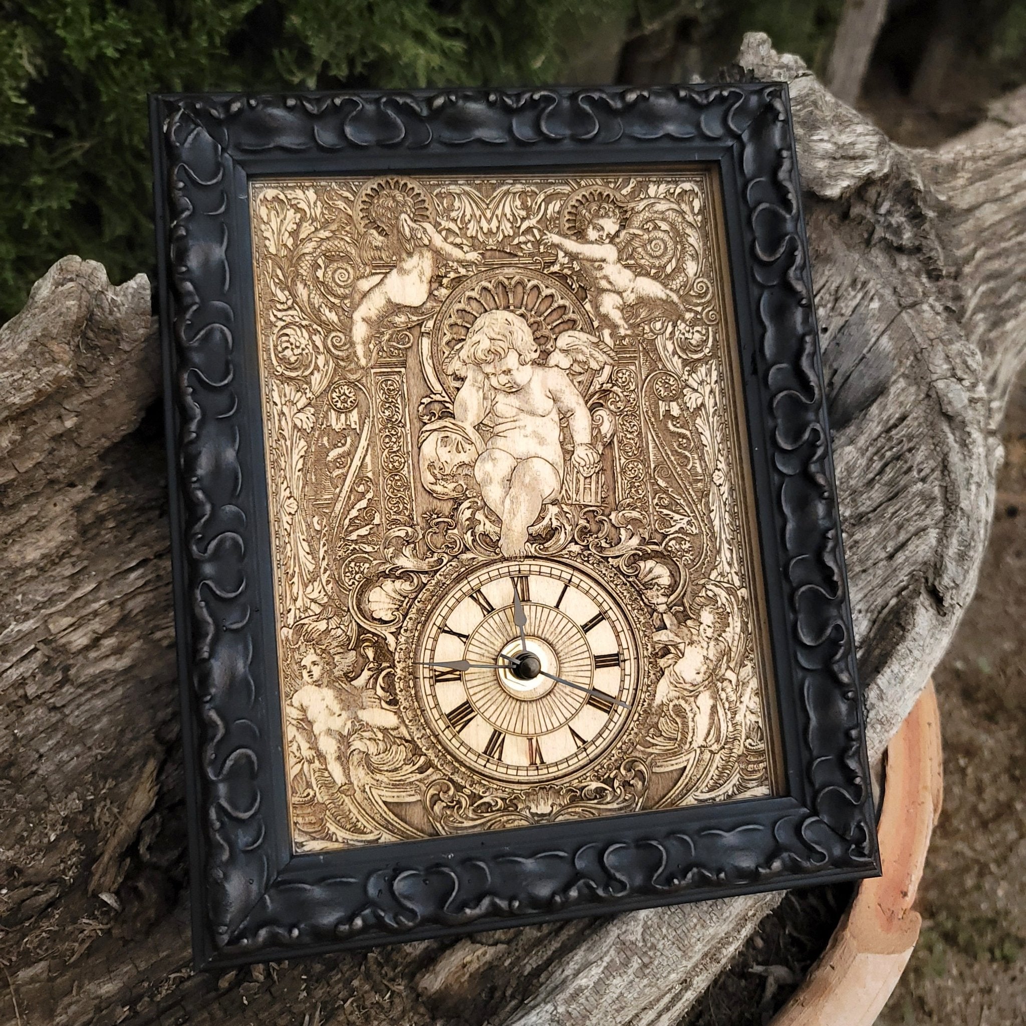 Handmade gothic mini cedar wood clock, laser-engraved & hand-painted. Unique anniversary & wedding gift for gothic décor lovers.