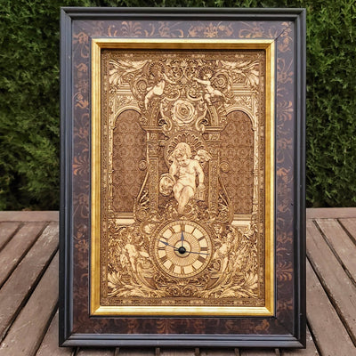 Handmade gothic-style cedar wood clock, laser-engraved & hand-painted. Unique wedding & anniversary gift for gothic art and home décor lovers.