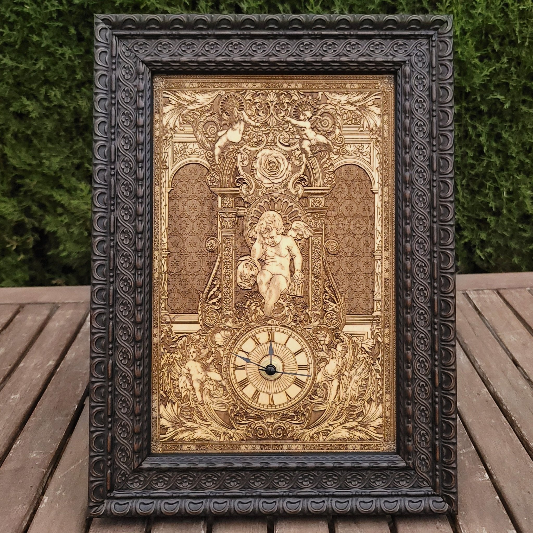 Handmade gothic-style cedar wood clock, laser-engraved & hand-painted. Unique wedding & anniversary gift for gothic art and home décor lovers.