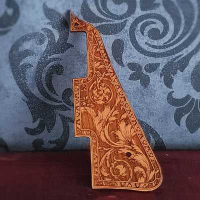 Flourish engraved cherry wood pickguard for Les Paul style electric guitar