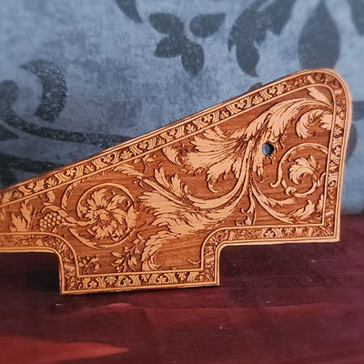 Handcrafted cherry wood pickguard with elegant ornamental engraving for Les Paul style guitar