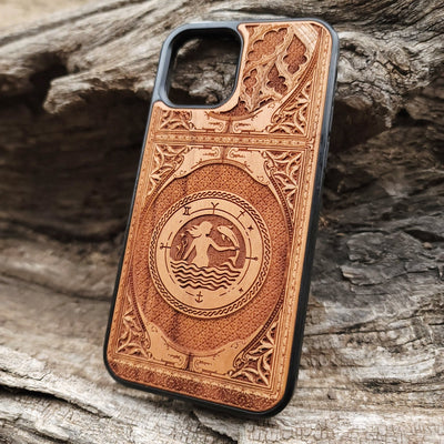 Intricate gothic skeleton artwork engraved on a wooden phone case, compatible with iPhone  and Samsung Galaxy S.