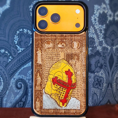Deep laser engraved wooden phone case featuring a medieval knight in armor on natural wood for iPhone and Samsung Galaxy models.