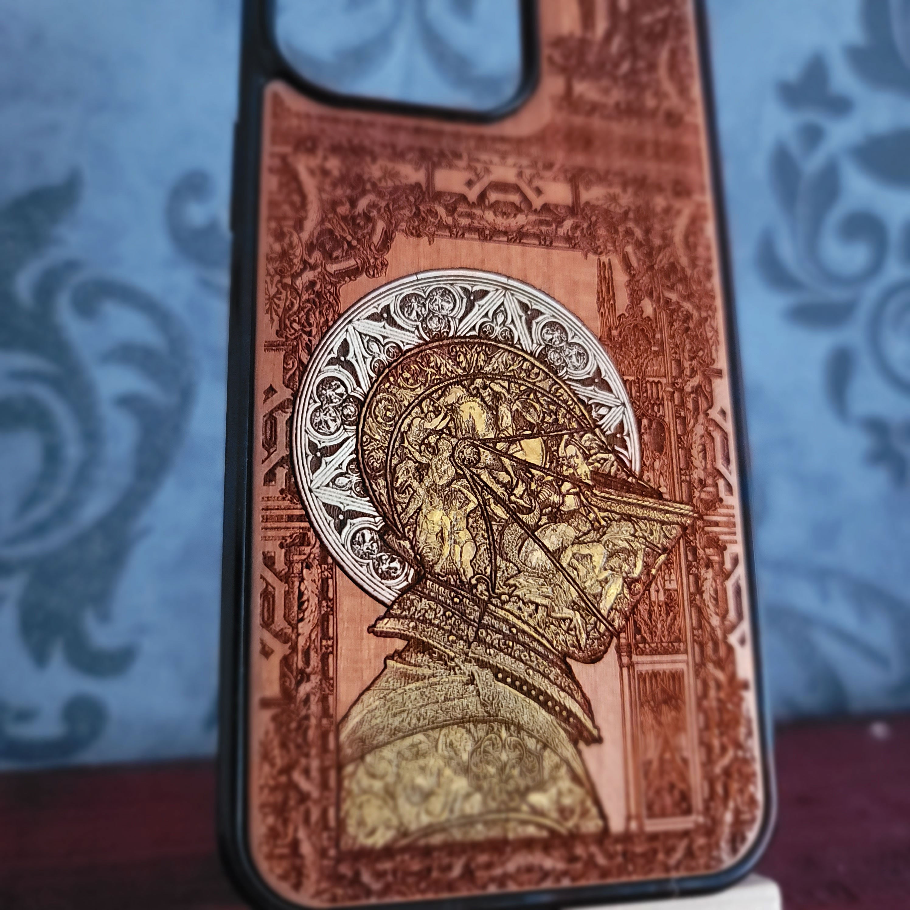 Caballero Medieval "Confesado" - Funda de Madera para Móvil - Pintada en Oro