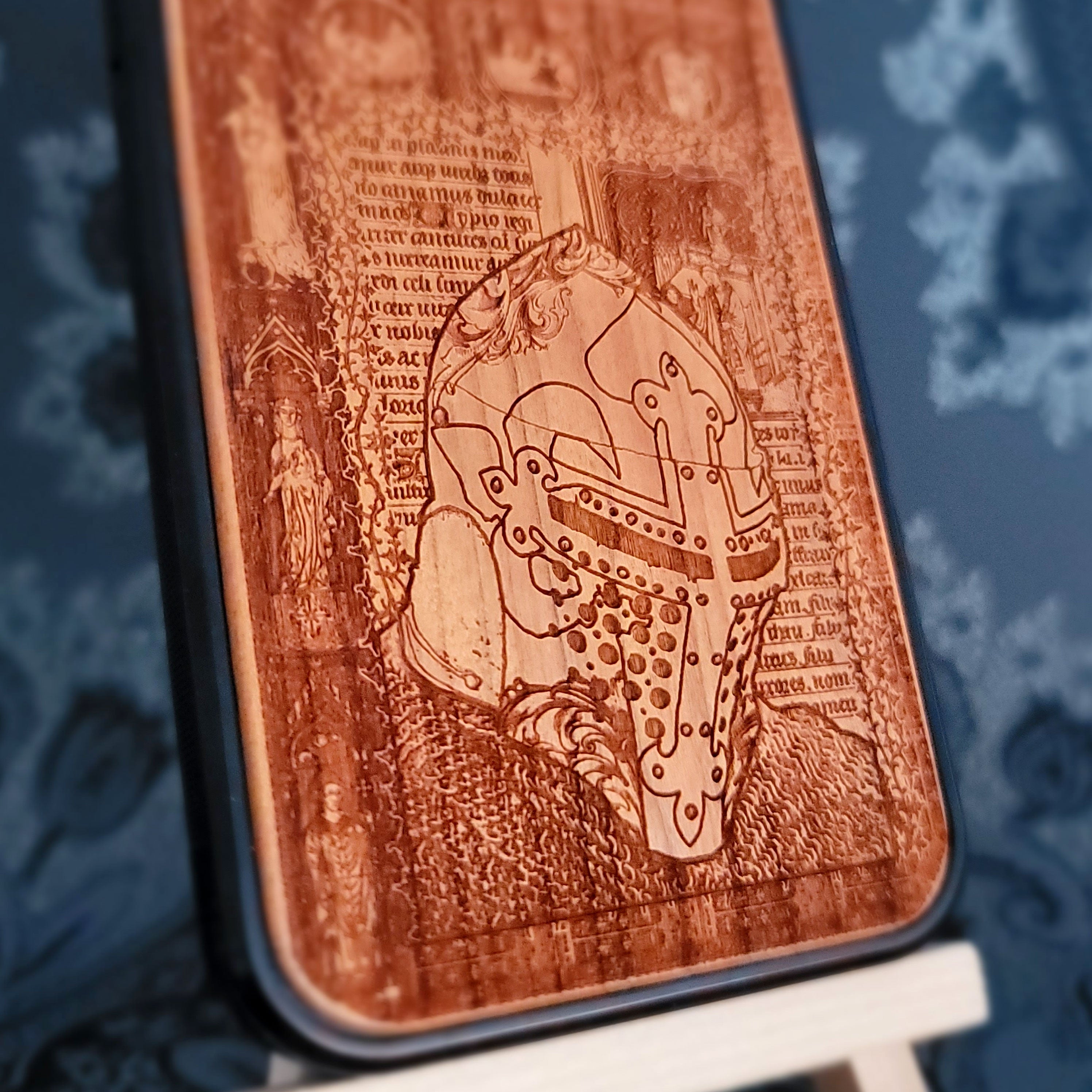 Laser-engraved medieval knight soldier wood phone case for iPhone 16, Galaxy S25, and more – medieval armor design.