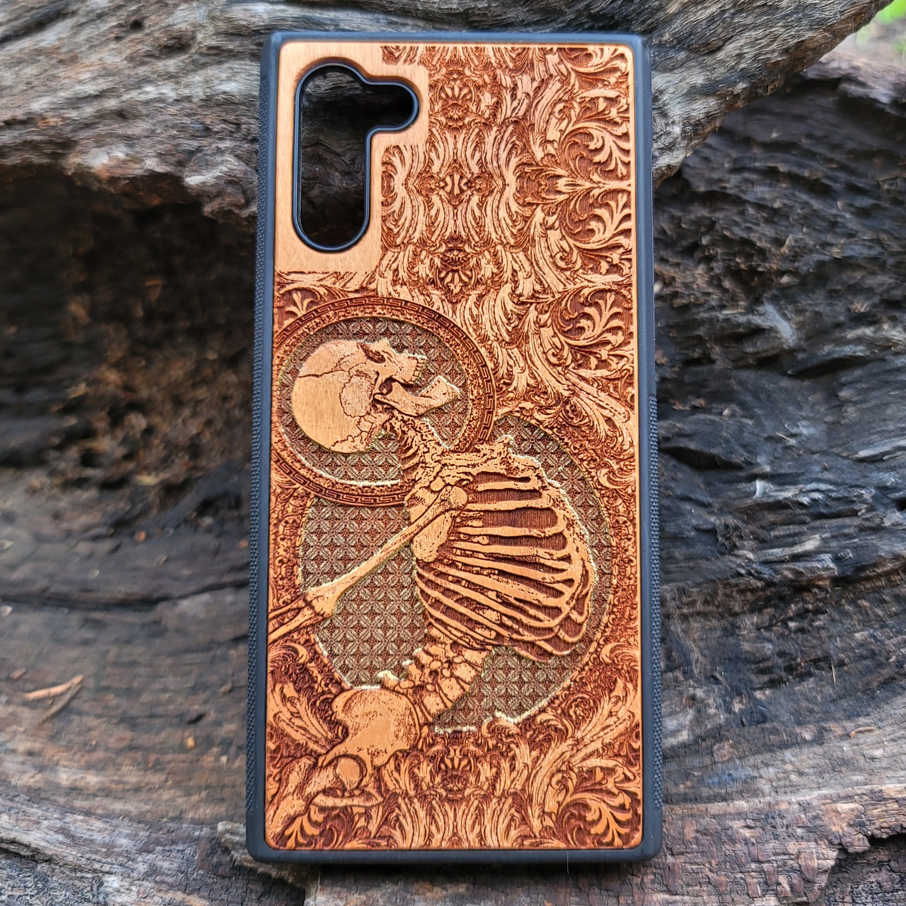 iPhone & Samsung Galaxy Wood Phone Case - Human Skeleton Stumble Gold Gothic Pattern Hand Painted