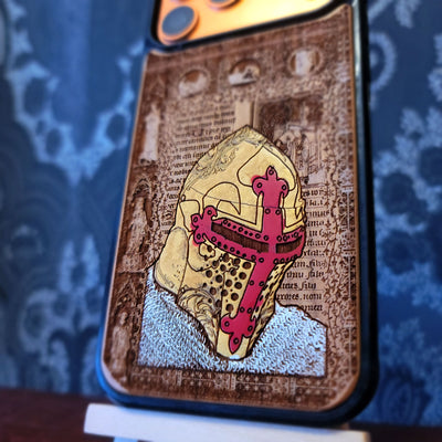 Deep laser engraved wooden phone case featuring a medieval knight in armor on natural wood for iPhone and Samsung Galaxy models.