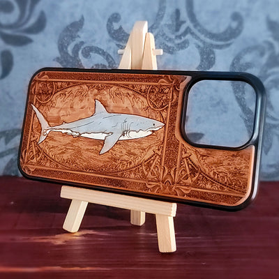 hand-painted cherry wood the great white shark phone case for iPhone & Galaxy