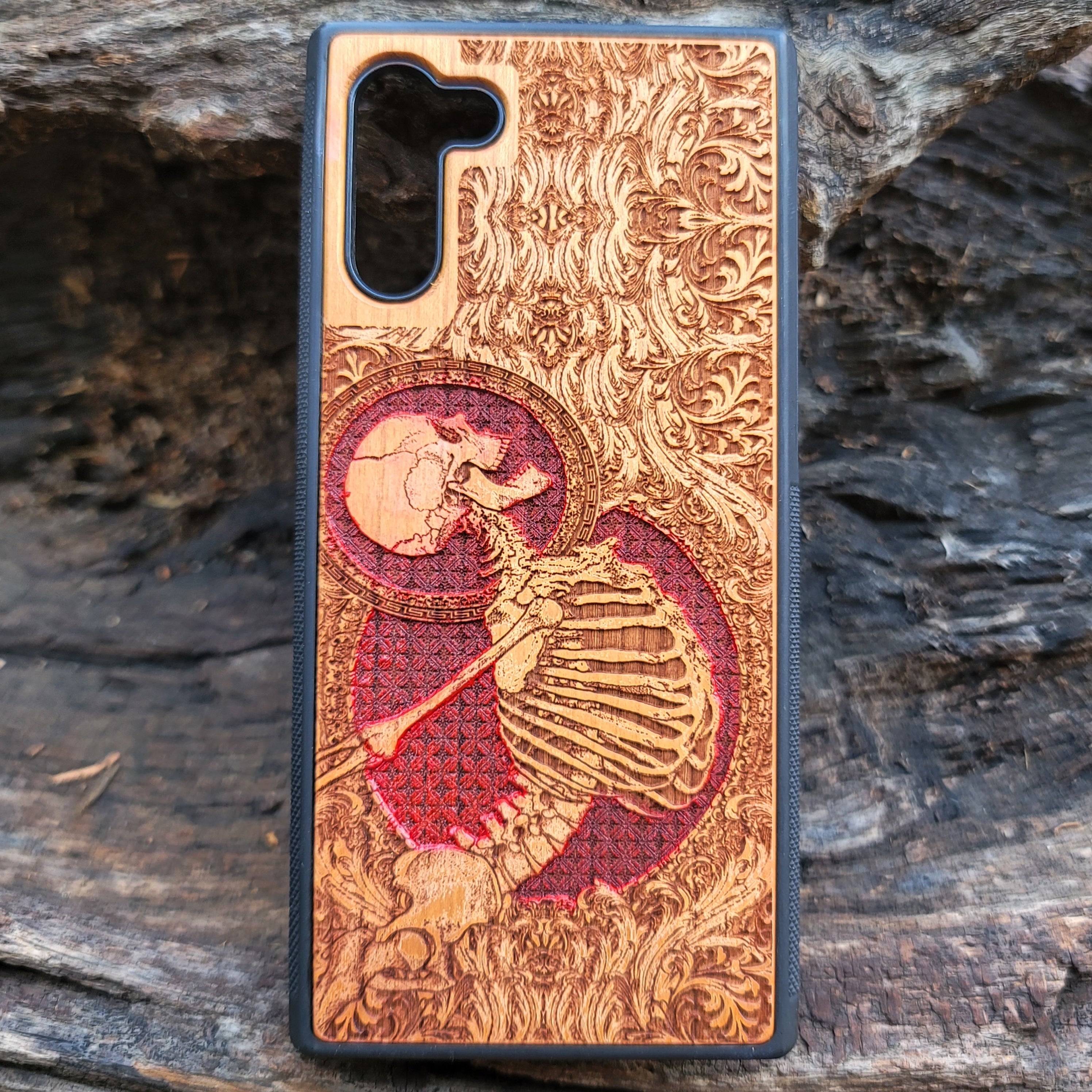 iPhone & Samsung Galaxy Wood Phone Case - Human Skeleton Red Gothic Pattern Hand Painted