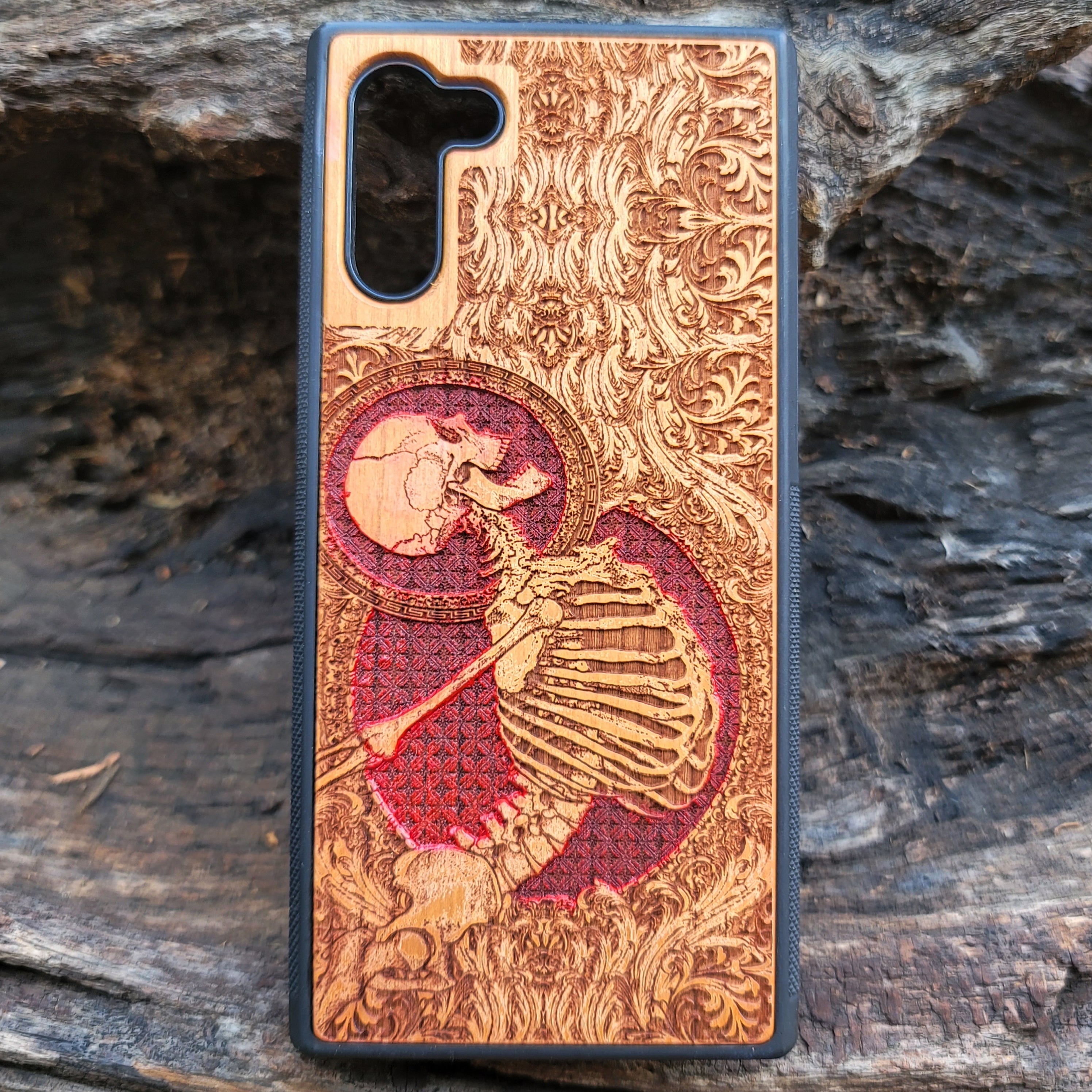 iPhone & Samsung Galaxy Wood Phone Case - Human Skeleton Stumble Red Gothic Pattern Hand Painted