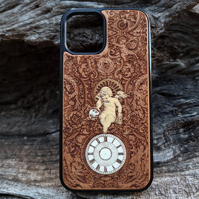 Gothic human skeleton artwork engraved on a wooden phone case, compatible with iPhone  and Samsung Galaxy S.