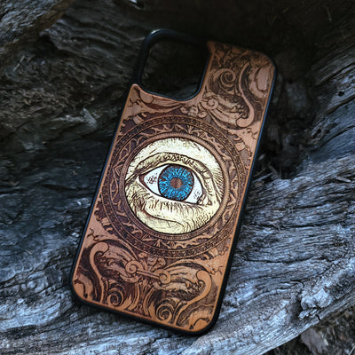Gothic human skull artwork engraved on a wooden phone case, compatible with iPhone  and Samsung Galaxy S.