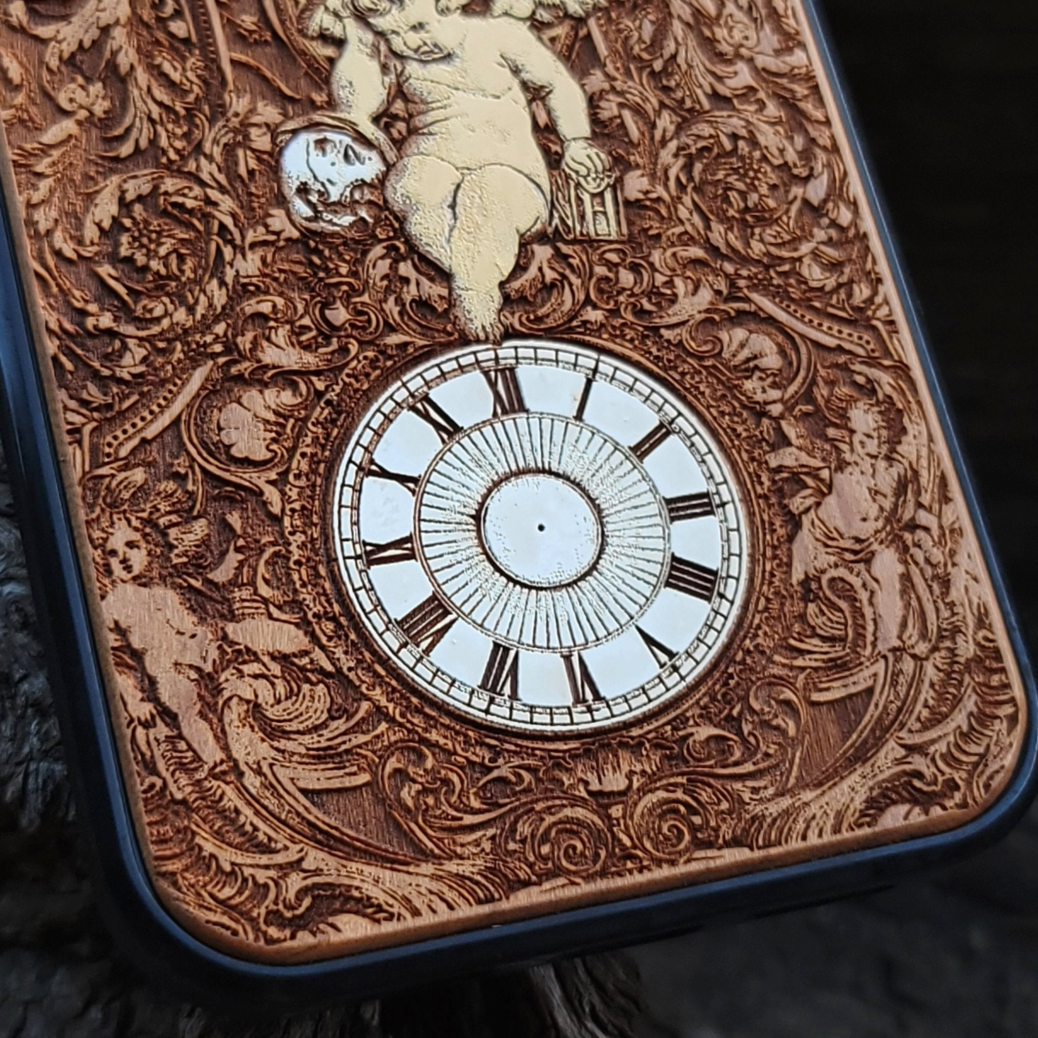 Gothic human skeleton artwork engraved on a wooden phone case, compatible with iPhone  and Samsung Galaxy S.