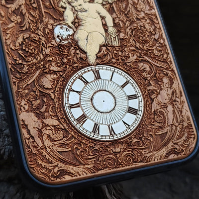 Gothic human skeleton artwork engraved on a wooden phone case, compatible with iPhone  and Samsung Galaxy S.