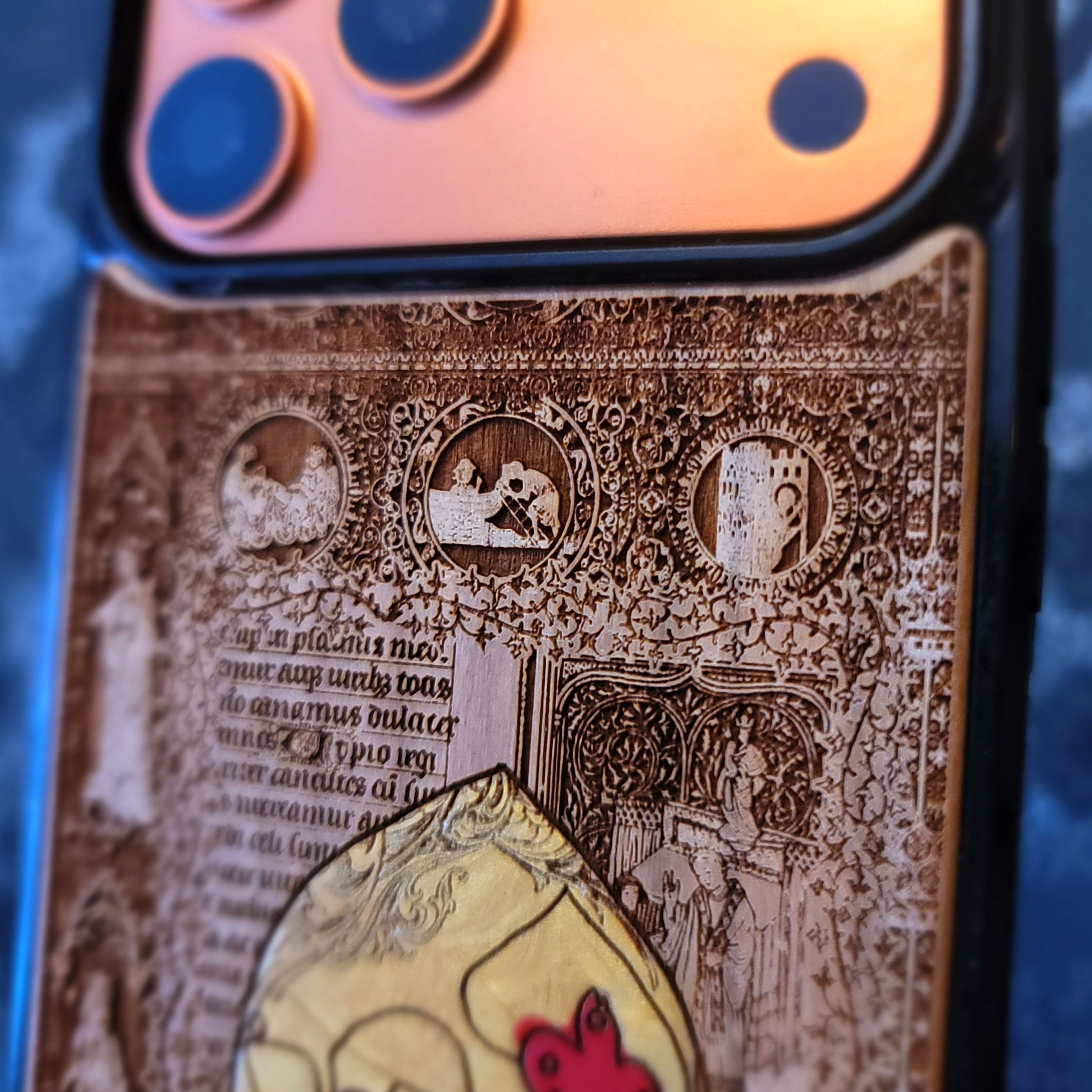 Deep laser engraved wooden phone case featuring a medieval knight in armor on natural wood for iPhone and Samsung Galaxy models.