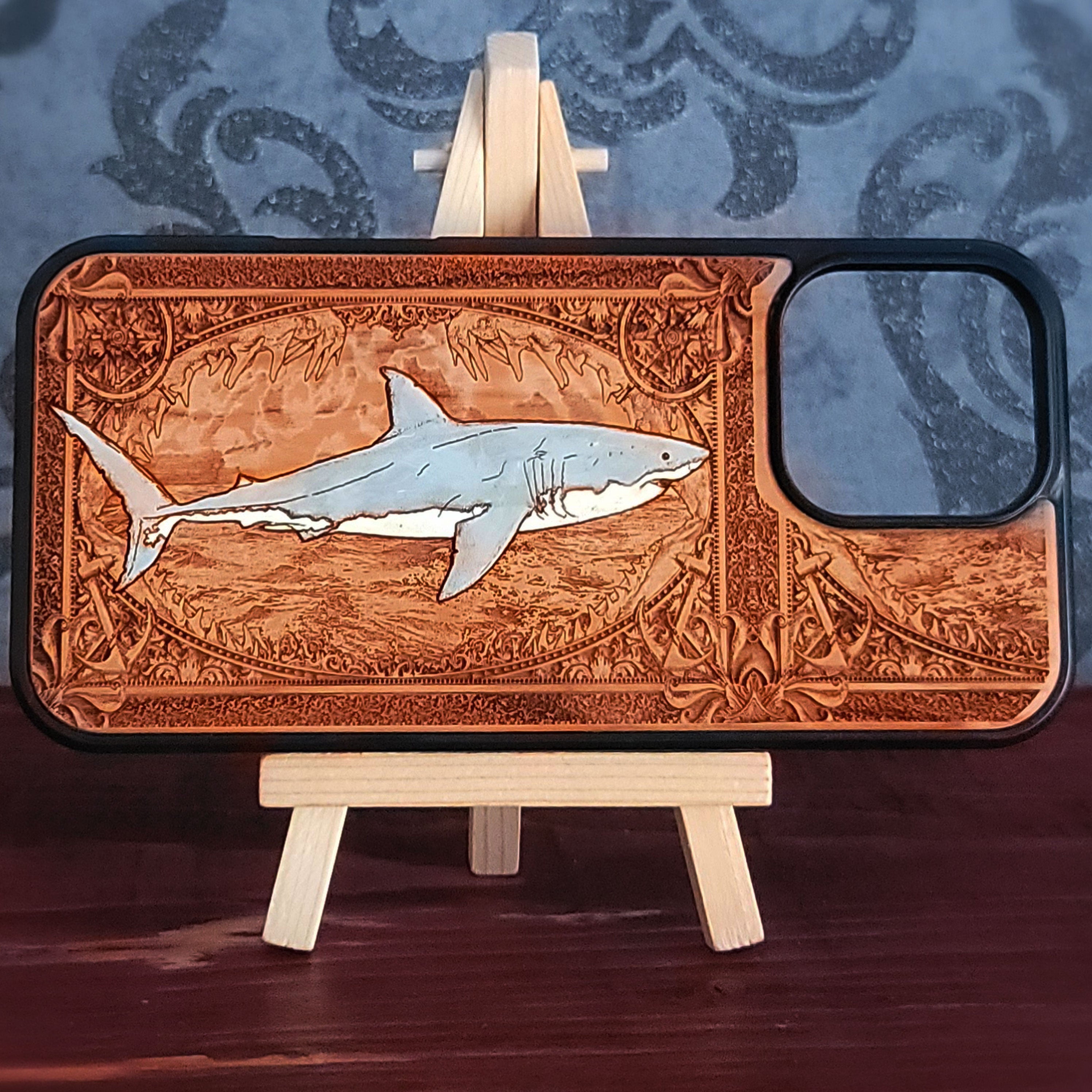 hand-painted cherry wood the great white shark phone case for iPhone & Galaxy