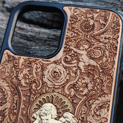 Gothic human skeleton artwork engraved on a wooden phone case, compatible with iPhone  and Samsung Galaxy S.